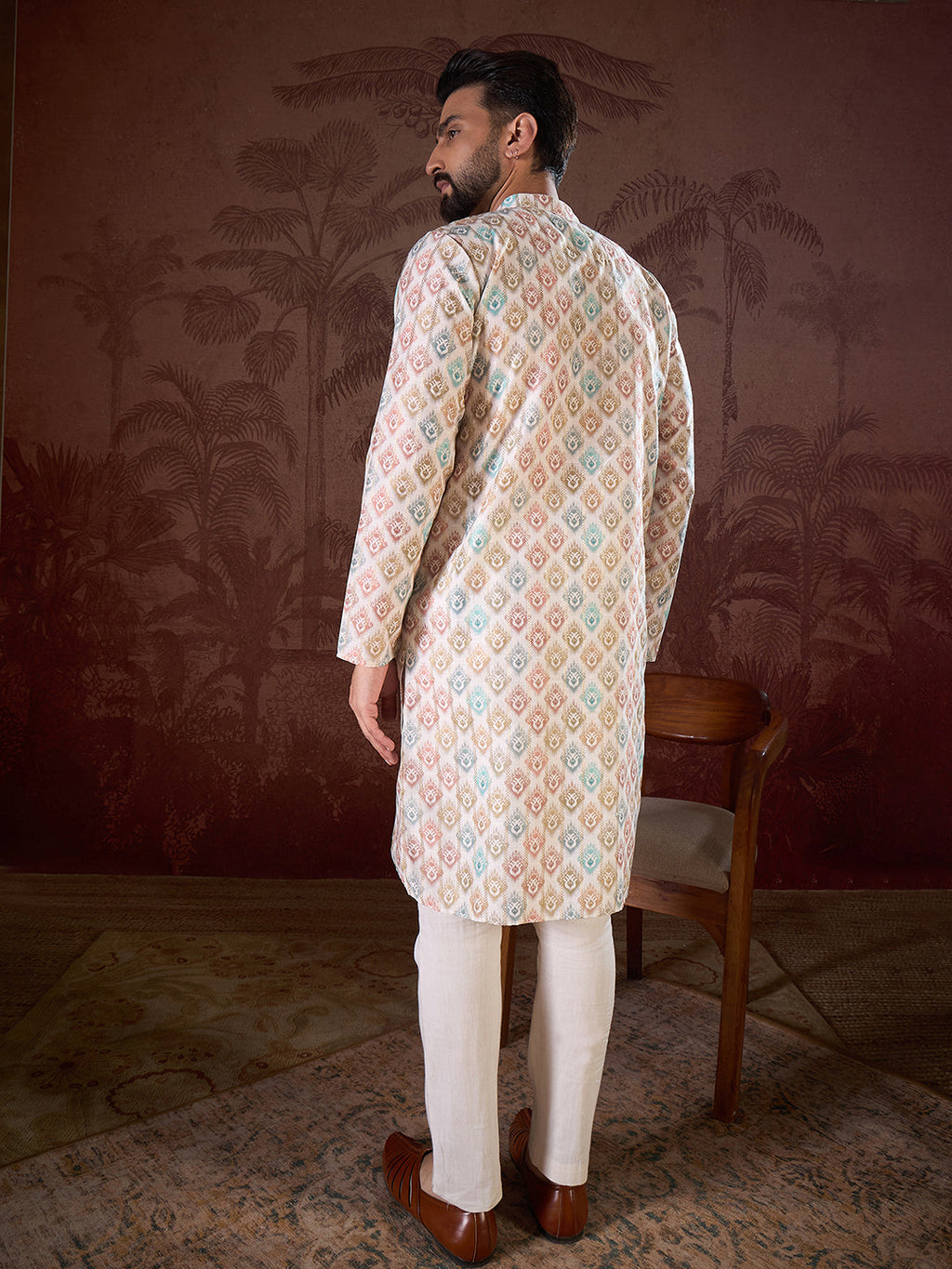 Men White Silk Blend Ethnic Motifs Printed Straight Kurta-MKU1924