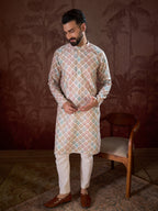 Men White Silk Blend Ethnic Motifs Printed Straight Kurta-MKU1924