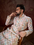 Men White Silk Blend Ethnic Motifs Printed Straight Kurta-MKU1924