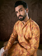 Men Mustard Silk Blend Ethnic Motifs Printed Straight Kurta-MKU1925