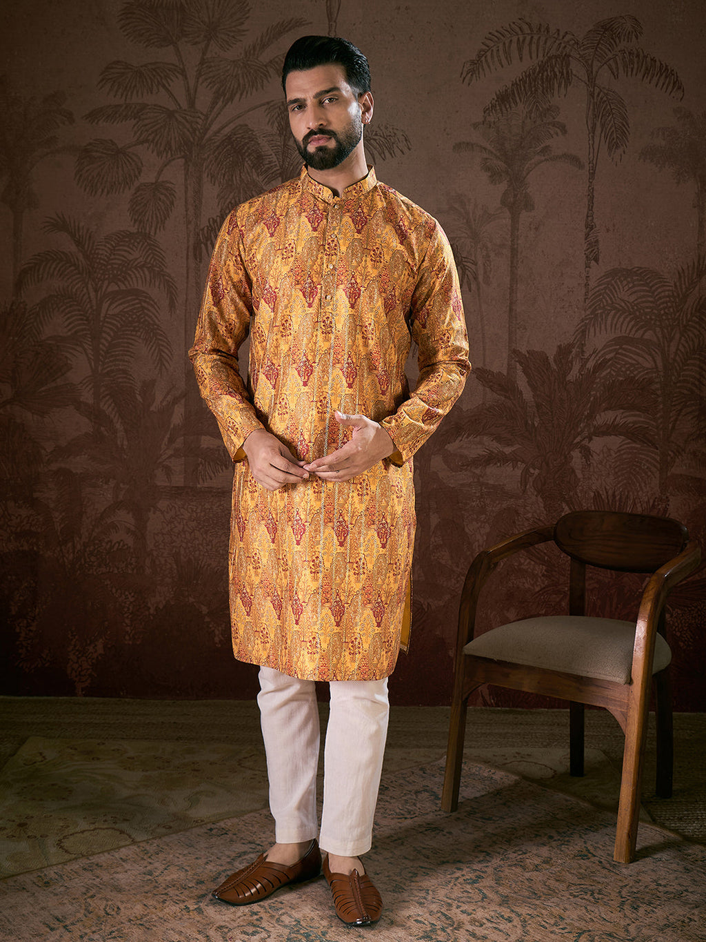 Men Mustard Silk Blend Ethnic Motifs Printed Straight Kurta-MKU1925