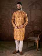 Men Mustard Silk Blend Ethnic Motifs Printed Straight Kurta-MKU1925
