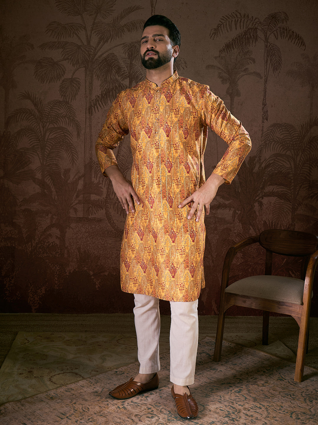 Men Mustard Silk Blend Ethnic Motifs Printed Straight Kurta-MKU1925