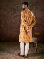 Men Mustard Silk Blend Ethnic Motifs Printed Straight Kurta-MKU1925