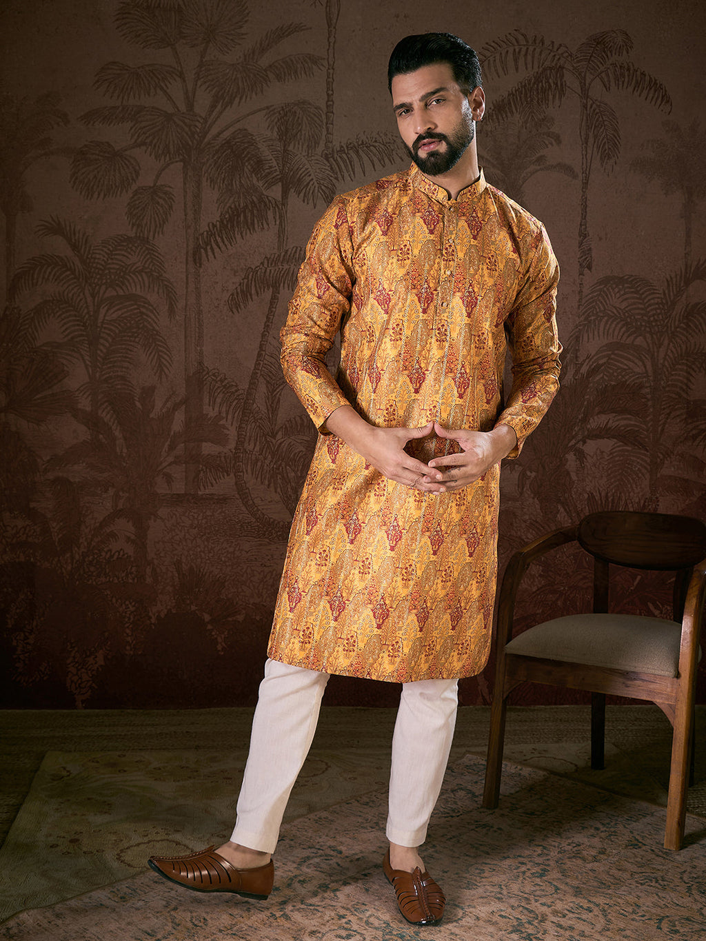 Men Mustard Silk Blend Ethnic Motifs Printed Straight Kurta-MKU1925