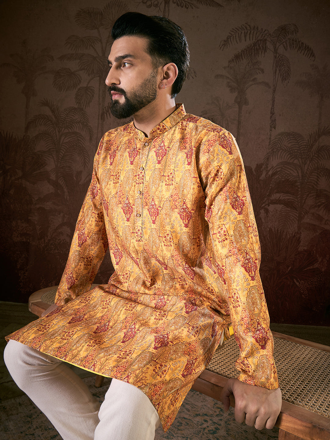 Men Mustard Silk Blend Ethnic Motifs Printed Straight Kurta-MKU1925