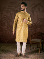 Men Mustard Silk Blend Ethnic Motifs Printed Straight Kurta-MKU1926