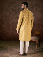 Men Mustard Silk Blend Ethnic Motifs Printed Straight Kurta-MKU1926