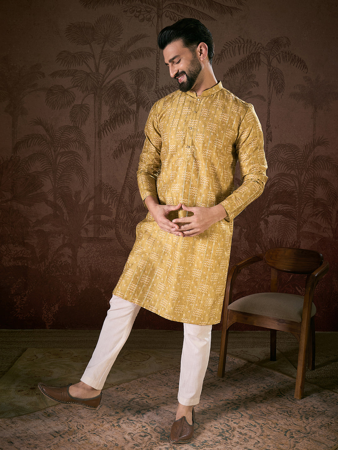 Men Mustard Silk Blend Ethnic Motifs Printed Straight Kurta-MKU1926