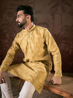 Men Mustard Silk Blend Ethnic Motifs Printed Straight Kurta-MKU1926