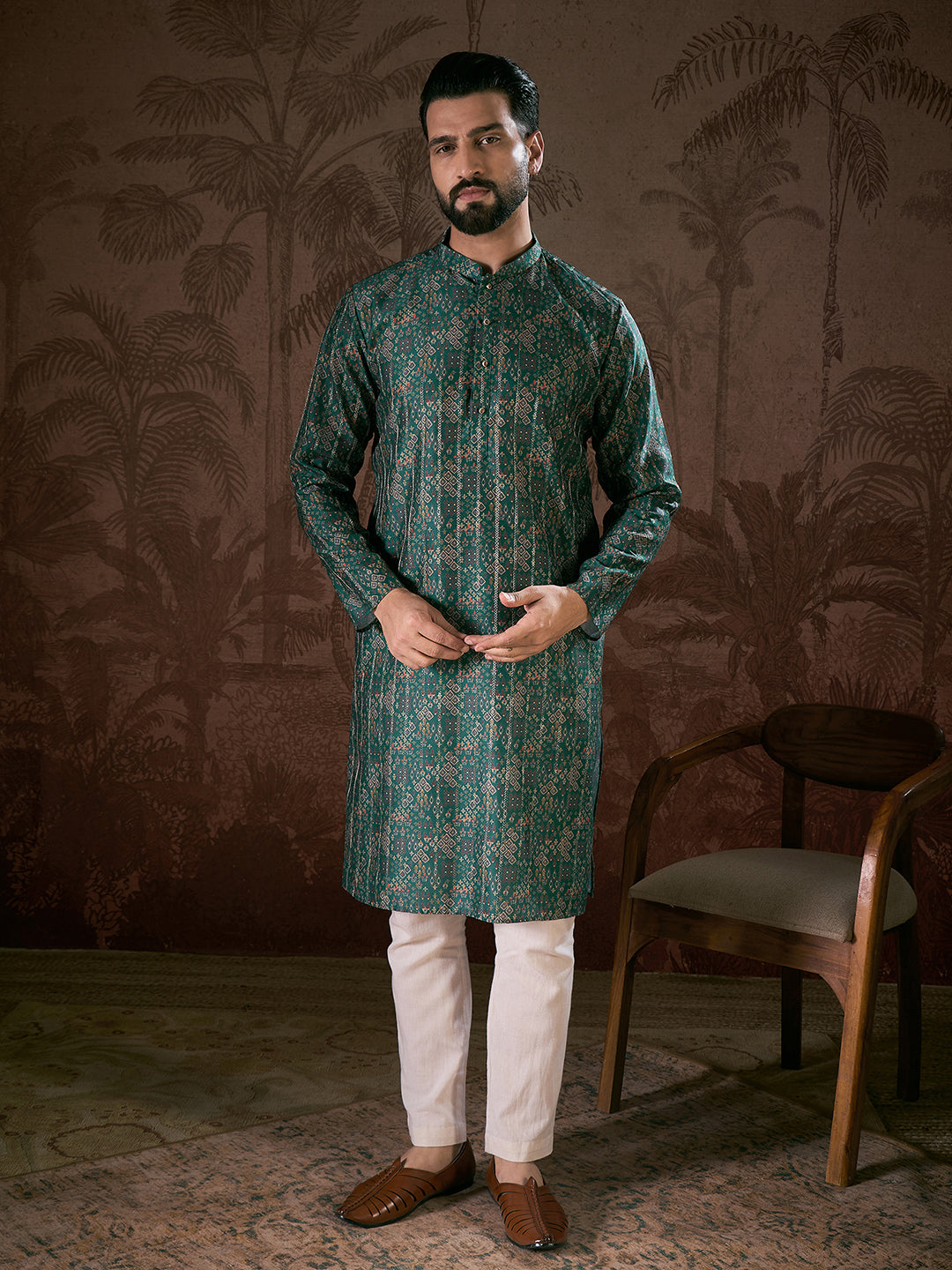 Men Sea Green Silk Blend Ethnic Motifs Printed Straight Kurta-MKU1927