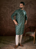 Men Sea Green Silk Blend Ethnic Motifs Printed Straight Kurta-MKU1927