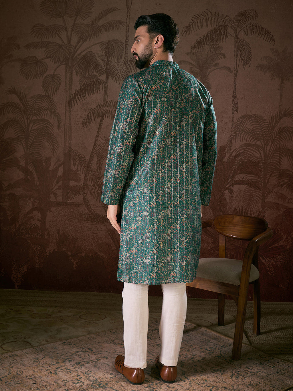 Men Sea Green Silk Blend Ethnic Motifs Printed Straight Kurta-MKU1927