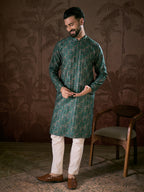 Men Sea Green Silk Blend Ethnic Motifs Printed Straight Kurta-MKU1927