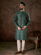 Men Sea Green Silk Blend Ethnic Motifs Printed Straight Kurta-MKU1927