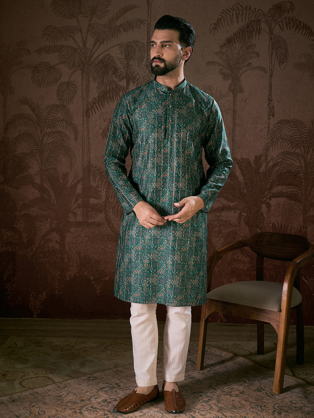 Men Sea Green Silk Blend Ethnic Motifs Printed Straight Kurta-MKU1927