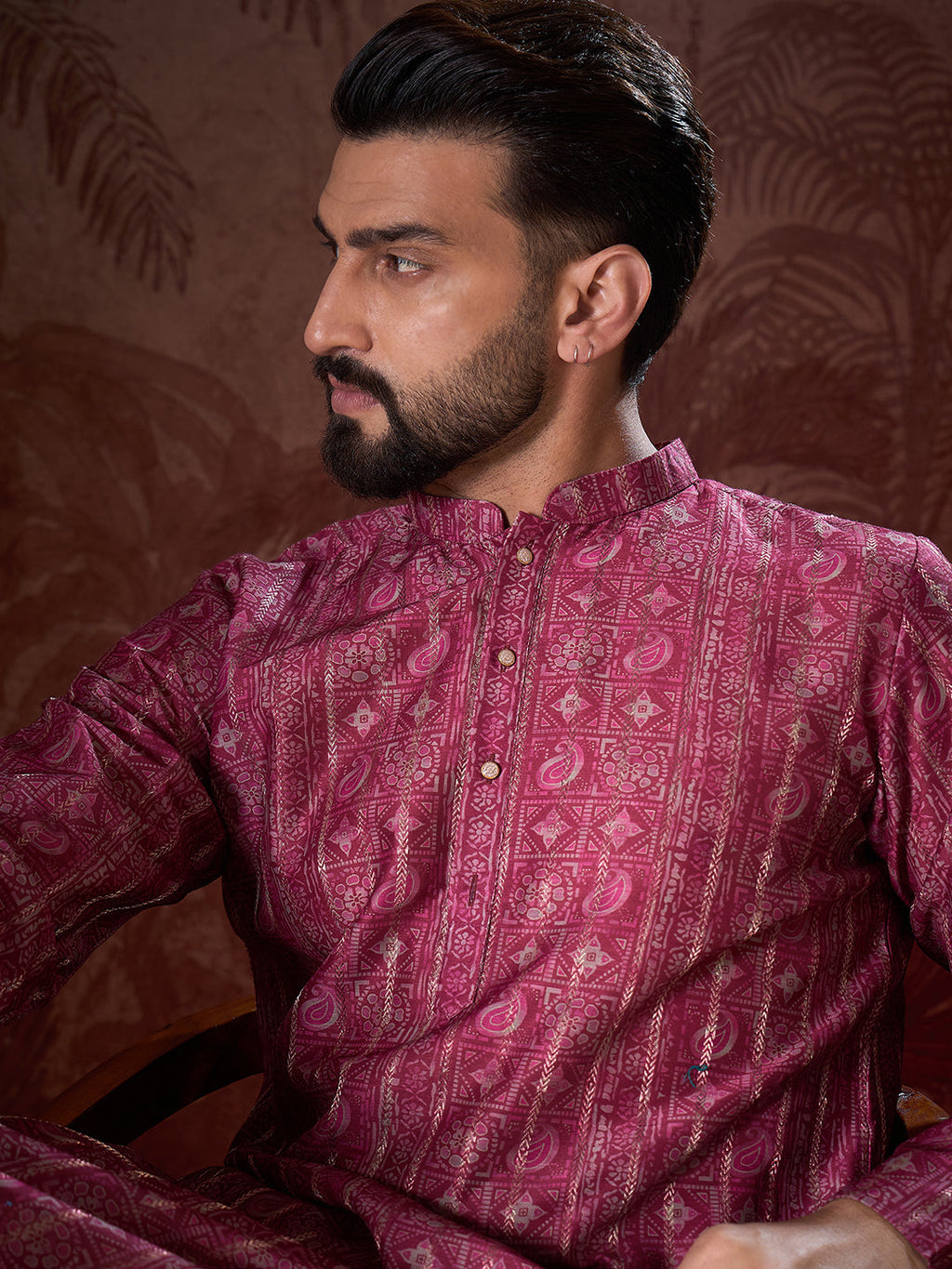 Men Maroon Silk Blend Ethnic Motifs Printed Straight Kurta-MKU1928