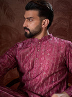 Men Maroon Silk Blend Ethnic Motifs Printed Straight Kurta-MKU1928