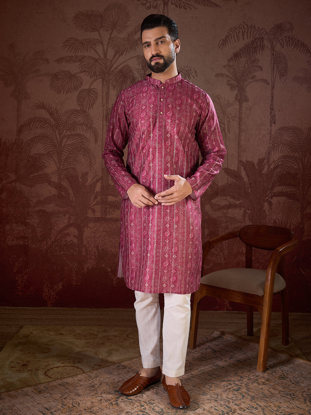 Men Maroon Silk Blend Ethnic Motifs Printed Straight Kurta-MKU1928