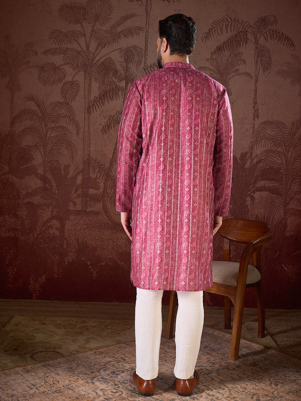 Men Maroon Silk Blend Ethnic Motifs Printed Straight Kurta-MKU1928