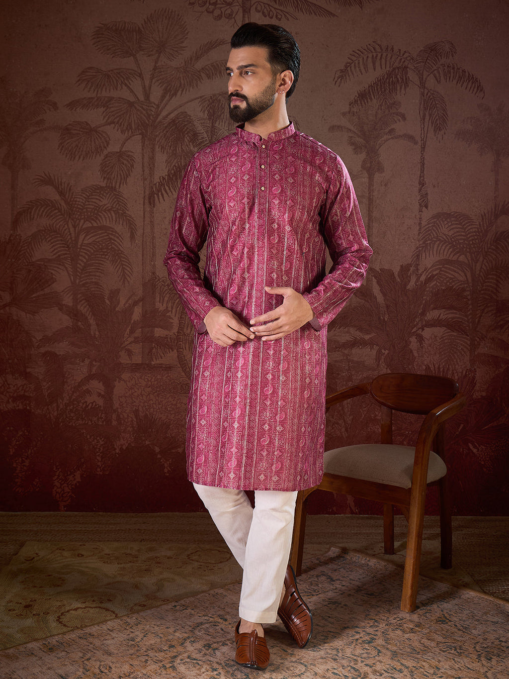 Men Maroon Silk Blend Ethnic Motifs Printed Straight Kurta-MKU1928
