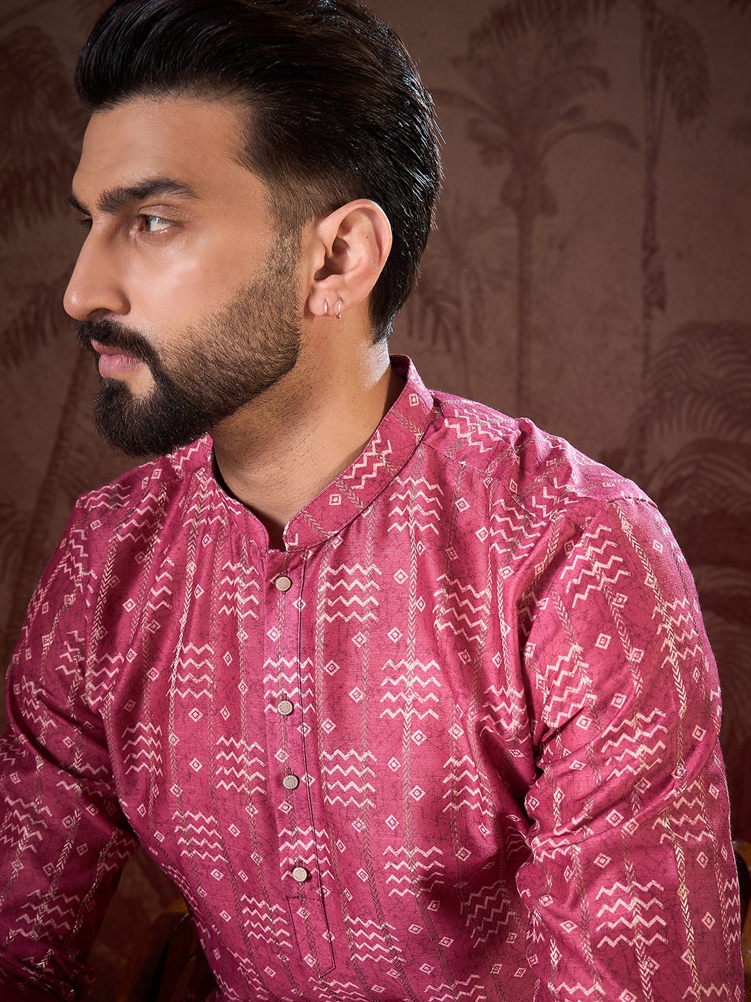 Men Pink Silk Blend Ethnic Motifs Printed Straight Kurta-MKU1929