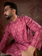 Men Pink Silk Blend Ethnic Motifs Printed Straight Kurta-MKU1929