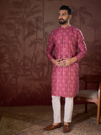 Men Pink Silk Blend Ethnic Motifs Printed Straight Kurta-MKU1929
