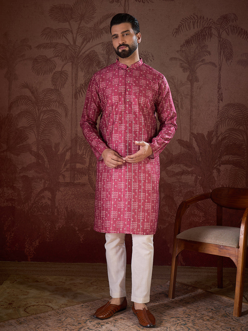 Men Pink Silk Blend Ethnic Motifs Printed Straight Kurta-MKU1929