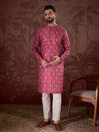 Men Pink Silk Blend Ethnic Motifs Printed Straight Kurta-MKU1929