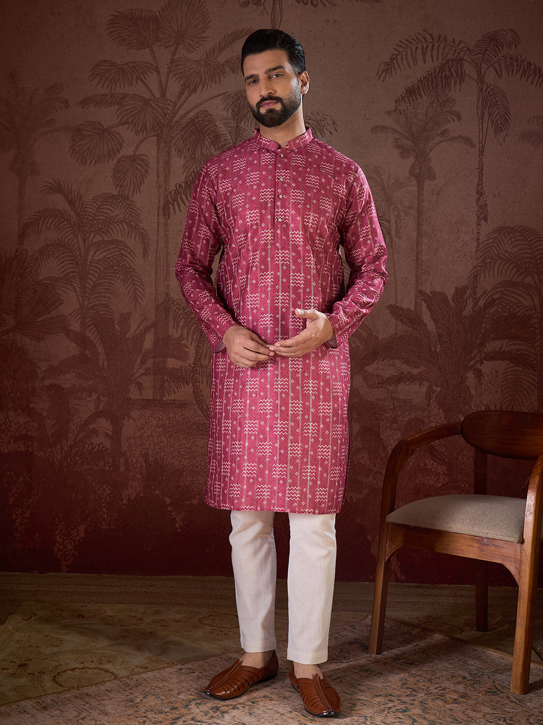 Men Pink Silk Blend Ethnic Motifs Printed Straight Kurta-MKU1929