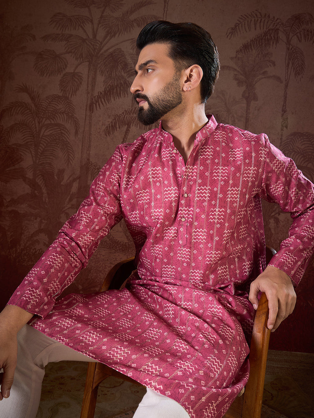 Men Pink Silk Blend Ethnic Motifs Printed Straight Kurta-MKU1929