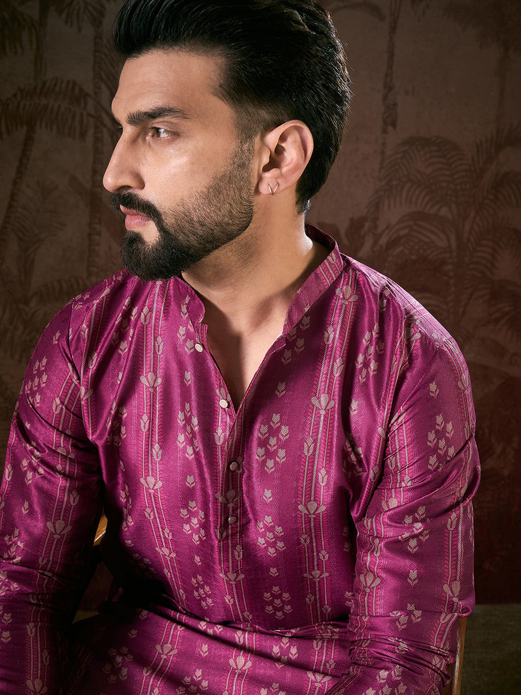 Men Purple Silk Blend Floral Printed Straight Kurta-MKU1930