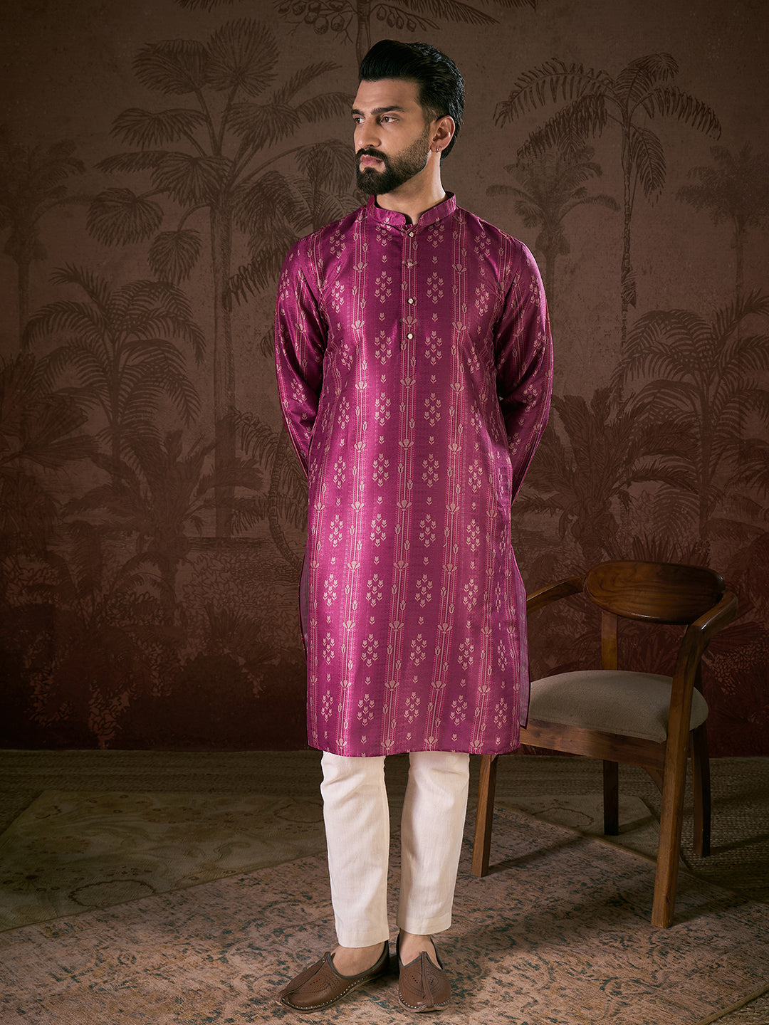 Men Purple Silk Blend Floral Printed Straight Kurta-MKU1930