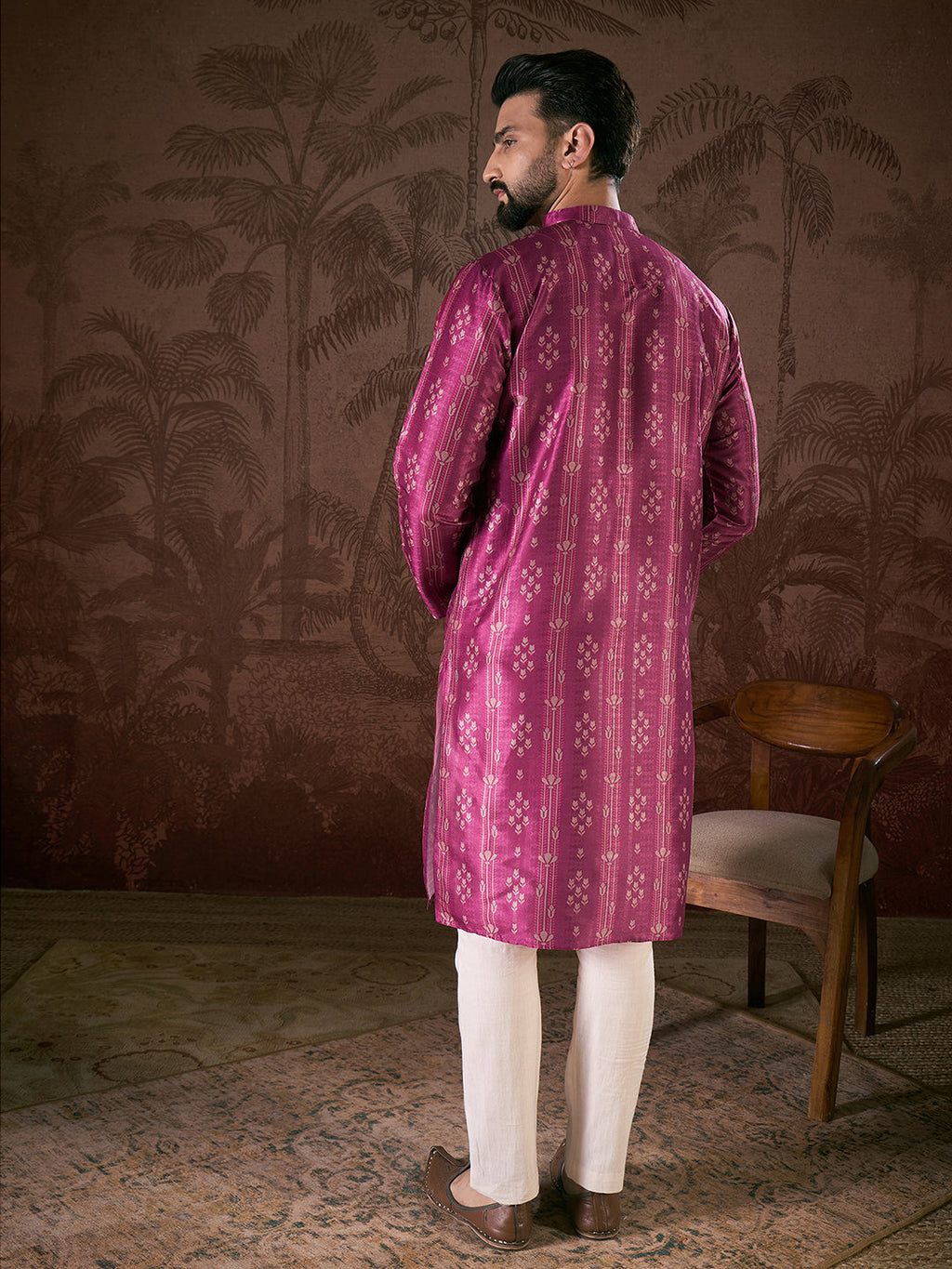 Men Purple Silk Blend Floral Printed Straight Kurta-MKU1930