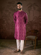 Men Purple Silk Blend Floral Printed Straight Kurta-MKU1930