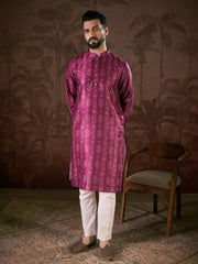 Men Purple Silk Blend Floral Printed Straight Kurta-MKU1930