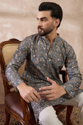 Grey Silk Blend Printed Mandarin Collar Straight Kurta MKU1931