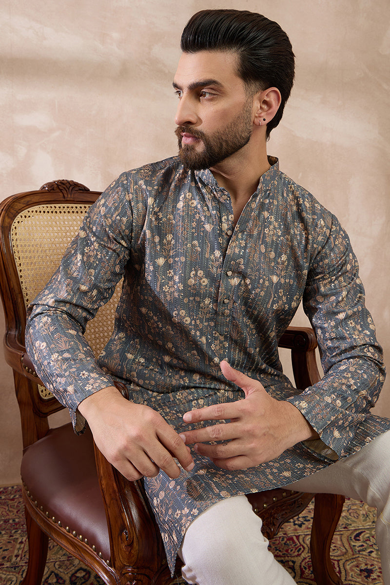 Grey Silk Blend Printed Mandarin Collar Straight Kurta MKU1931