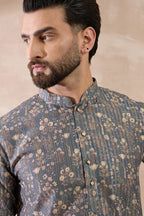 Grey Silk Blend Printed Mandarin Collar Straight Kurta MKU1931