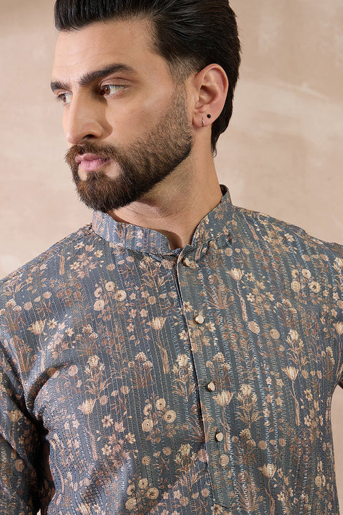 Grey Silk Blend Printed Mandarin Collar Straight Kurta MKU1931