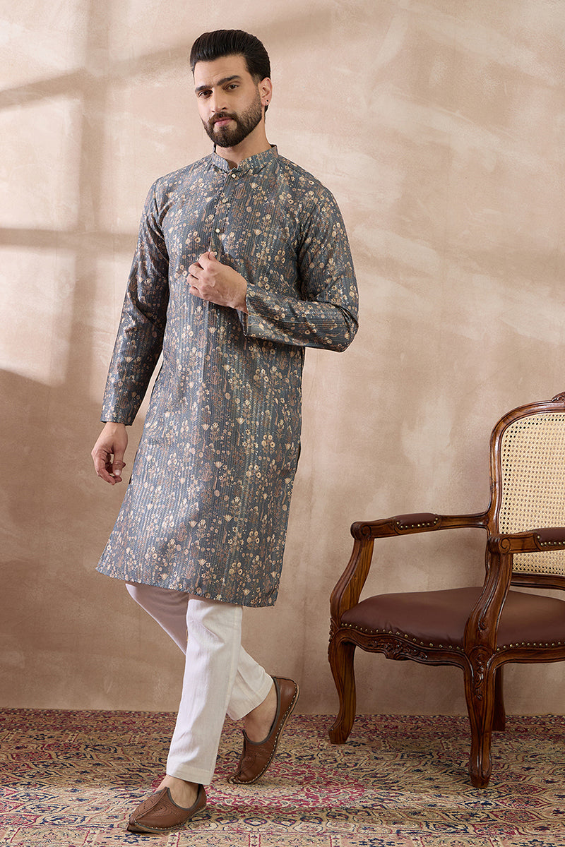 Grey Silk Blend Printed Mandarin Collar Straight Kurta MKU1931