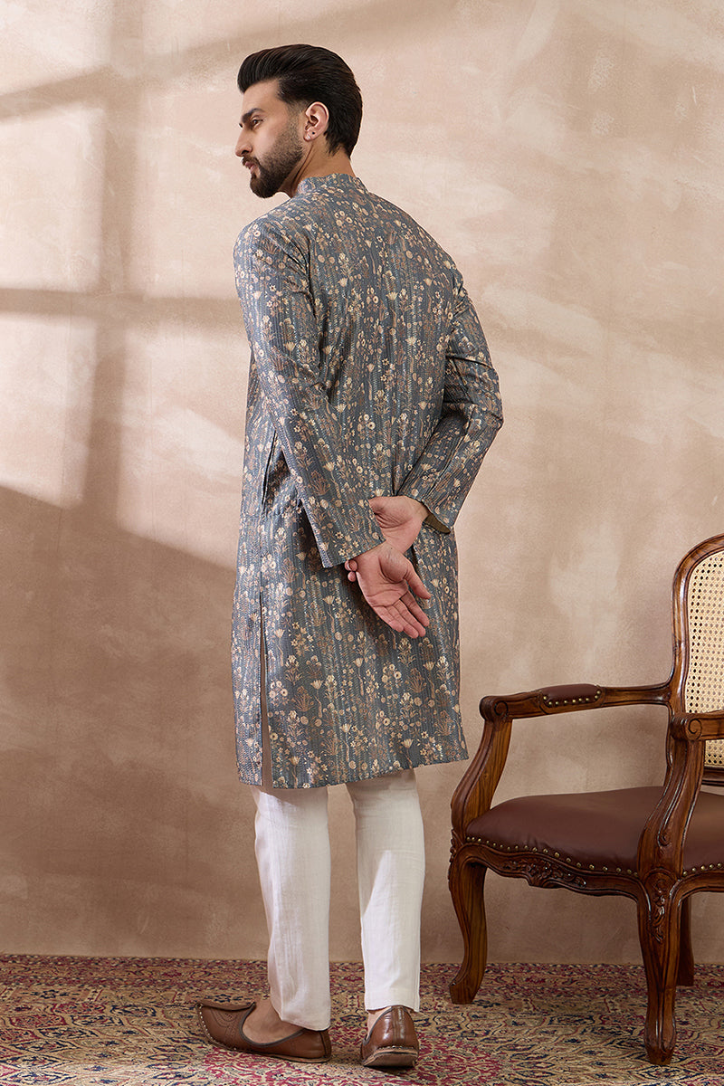 Grey Silk Blend Printed Mandarin Collar Straight Kurta MKU1931