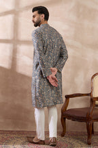 Grey Silk Blend Printed Mandarin Collar Straight Kurta MKU1931