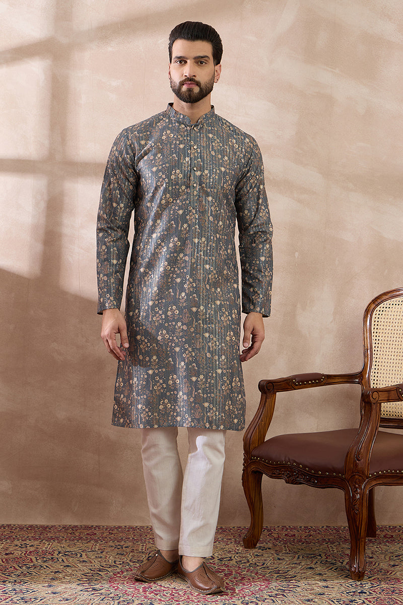 Grey Silk Blend Printed Mandarin Collar Straight Kurta MKU1931