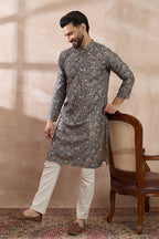 Grey Silk Blend Printed Mandarin Collar Straight Kurta MKU1931