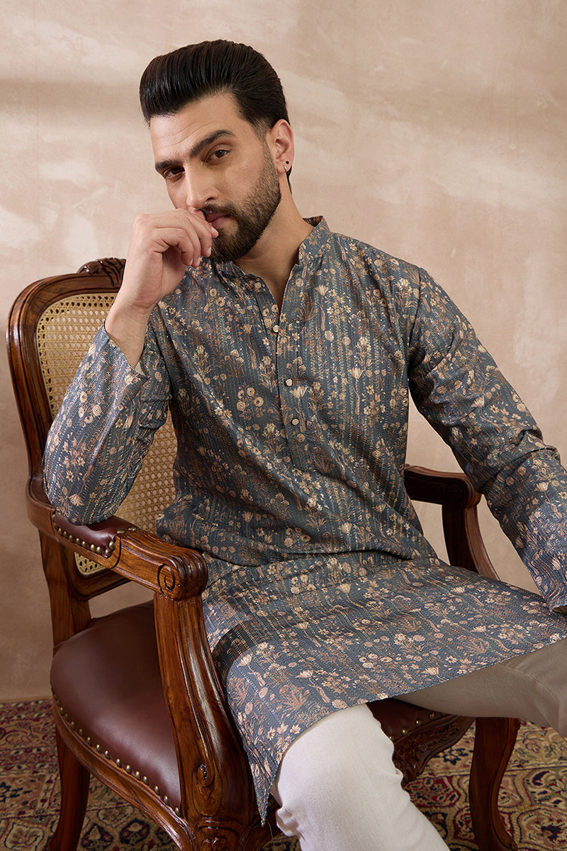 Grey Silk Blend Printed Mandarin Collar Straight Kurta MKU1931