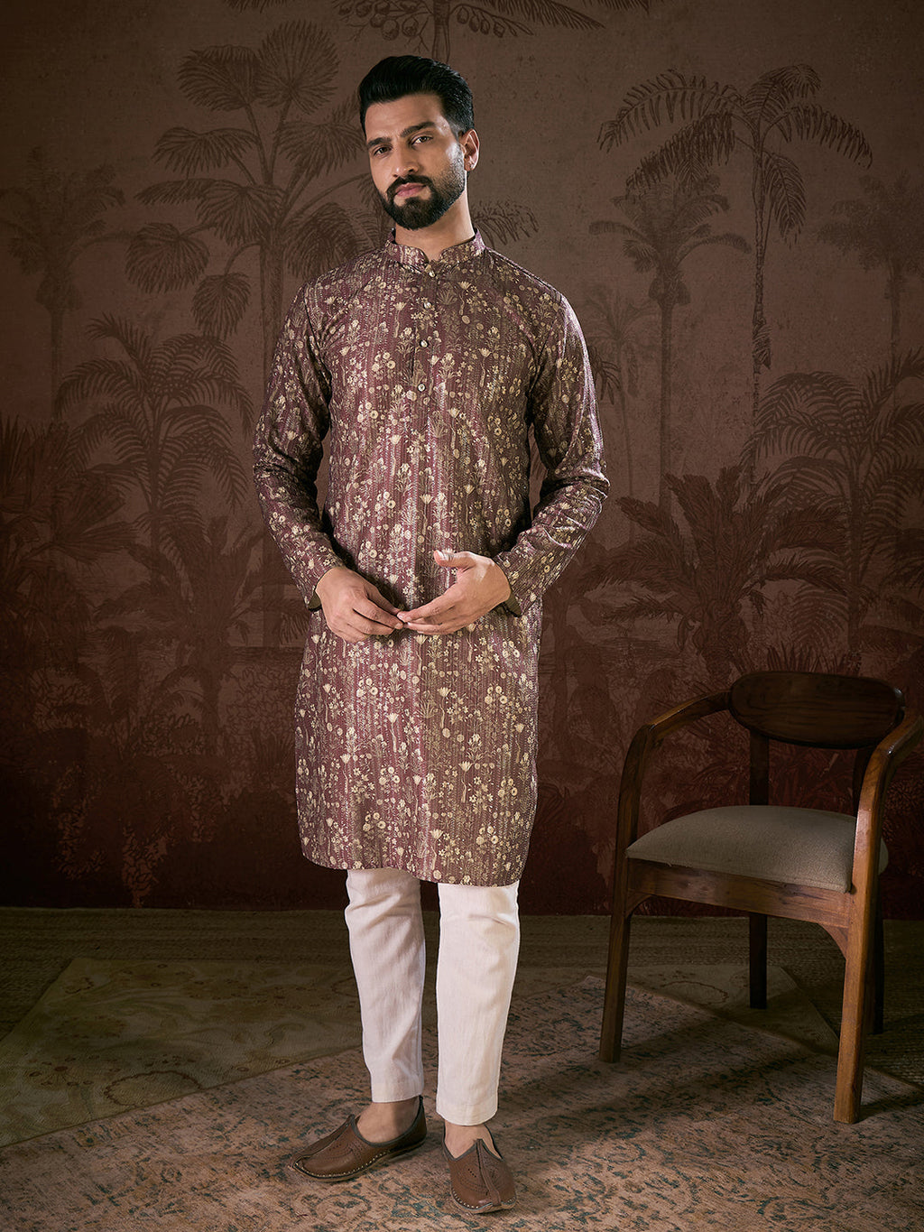 Men Mauve Silk Blend Floral Printed Straight Kurta-MKU1932