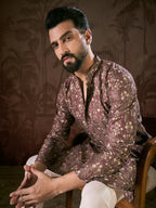 Men Mauve Silk Blend Floral Printed Straight Kurta-MKU1932
