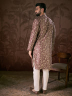 Men Mauve Silk Blend Floral Printed Straight Kurta-MKU1932
